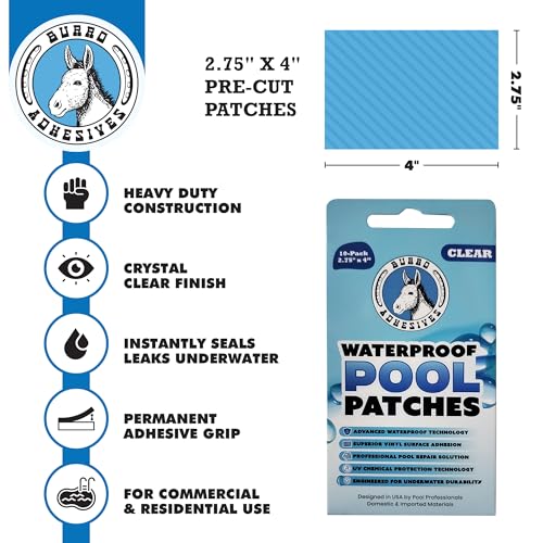 Burro Adhesives 10-Pack Waterproof Clear Pool Tape Patches - Professional Grade PVC Repair Kit with 2.75" x 4" Heavy Duty Patches for Commercial & Residential Vinyl Pools, Works Underwater & Dry - color: Clear