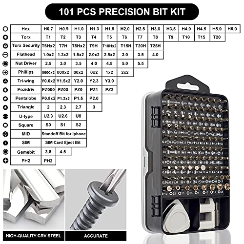STREBITO Precision Screwdriver Set 124-Piece Electronics Tool Kit with 101 Bits Magnetic Screwdriver Set for Computer, Laptop, Cell Phone, PC, MacBook, iPhone, Nintendo, PS4, PS5, Xbox Repair - color: Grey