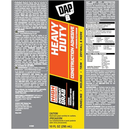 DAP Heavy Duty Construction Adhesive, White, 10 oz (7079827509)