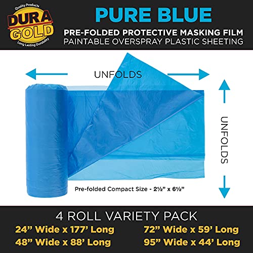 Dura-Gold Pure Blue Pre-Folded Masking Film, (4 Pack of 24, 48", 72", 95") Painters Plastic Roll, Pull Down Drop Sheet, Pre-Folded Plastic Sheeting for Painting Protection on Auto, Walls, Furniture - size: 24, 48, 72, 95-inch
