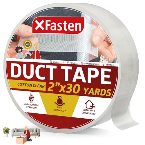 XFasten Clear Duct Tape, 2-Inches x 30 Yards, Easy to Tear Cotton Textile Tape for Commercial Use, Heavy-Duty Repair, Packing, and No Show Outdoor Repair- Residue-Free Hand Tearable Clear Duct Tape - color: Translucent with Fiberglass