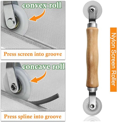 Screen Repair kit, Screen Roller Tool, Steel/Nylon Roller with Bear+10pcs Screen Clips+32ft Screen Spline+Removal Hook, 5 in 1 Window Screen Door Repair Kit,for Installing Door Window Mesh - size: Steel/Nylon Rollers+Spline+Clips+Pick