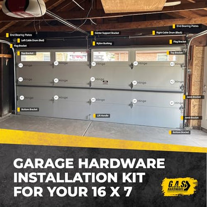 G.A.S. Hardware Garage Door Parts Installation Bundle Kit Set for 16' by 7' Overhead Doors | Fix Replace Garage Hardware Brackets, Drums, Cables, Hinges, Rollers, Screws, Door Jamb, Bearing, Bolts