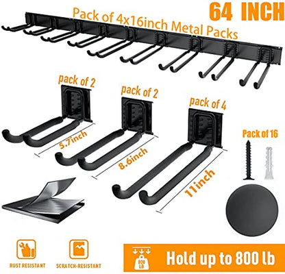 TORACK Tool Storage Rack, Heavy Duty Steel Garage Wall Mount Garden Tool Organizer for Ladders, Chairs, Shovels, Broom, Power tools (8-Pack 5.7"-11" Mixed Hooks, up to 800 lbs) - size: Metal Rack