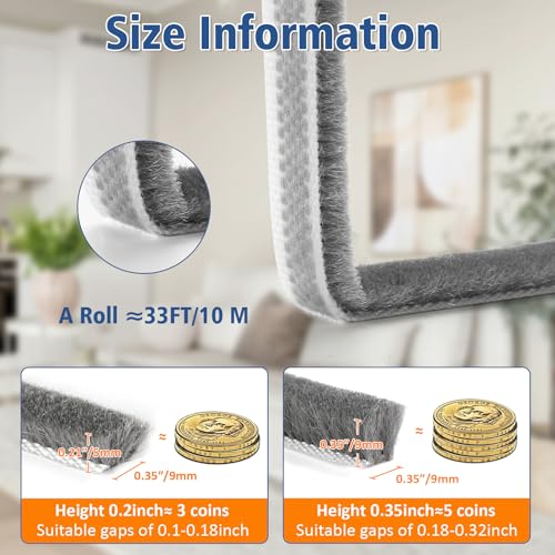 33FT Self Adhesive Brush Door Weather Stripping & Soundproofing Seal – High-Density Gap Blocker for Noise, Drafts & Dust – Easy Install, Durable Door Bottom & Window Insulation Strip（0.21"x 0.35"） - size: 0.35" Wide x 0.2" Thick