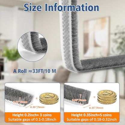 33FT Self Adhesive Brush Door Weather Stripping & Soundproofing Seal – High-Density Gap Blocker for Noise, Drafts & Dust – Easy Install, Durable Door Bottom & Window Insulation Strip（0.35"x 0.35"） - size: 0.35" Wide x 0.35" Thick