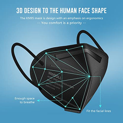 WWDOLL KN95 Face Masks 50 Pack, 5-Layer Breathable Disposable Respirator Mask for Adult Black - color: Black