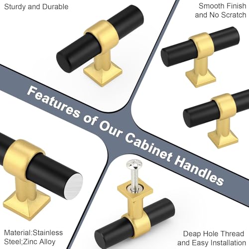 5Pack Single Hole Black Cabinet Knobs with Brushed Brass Base T Shaped Dold Kitchen Cabinet Knobs Hardware Pull Knob for Cabinets and Drawers 50mm Total Length - color: Black with Brushed Brass Base, size: Single Hole-2inch Length
