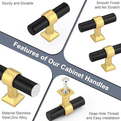 5Pack Single Hole Black Cabinet Knobs with Brushed Brass Base T Shaped Dold Kitchen Cabinet Knobs Hardware Pull Knob for Cabinets and Drawers 50mm Total Length - color: Black with Brushed Brass Base, size: Single Hole-2inch Length