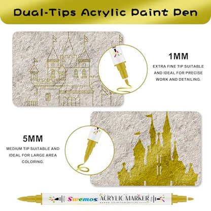 Swemos 2Pcs Gold Acrylic Paint Pens Markers, Dual Tip with Fine Tip and Brush Tip Pens Acrylic Paint Markers Waterproof Acrylic Markers Set for Rock, Canvas Stone, Wood, Glass, Metal (GOLD, 2) - style: GOLD