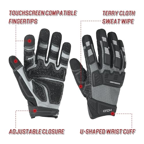 HANDLANDY Mens Work Gloves Touch screen, Utility Mechanic Gloves, Flexible Breathable Fit- Padded Knuckles & Palm - color: Black White, size: Large