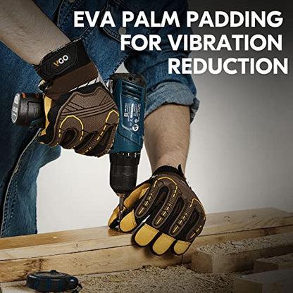 Vgo... 1-Pair Heavy Duty Synthetic Leather Work Gloves, Impact Protection Mechanic Gloves, Rigger Gloves, Vibration Reduction, Touchscreen Capable (Size L, Brown, SL8849) - color: Brown-regular, size: Large (1 Pair)