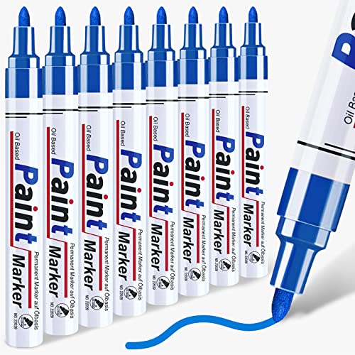 Blue Paint Pen Permanent Paint Markers - 8 Oil Based Pens, Medium Tip, Quick Drying and Waterproof Marker Pens for Metal, Rock Painting, Wood, Fabric, Plastic,Canvas,Mugs Blue Markers Permanent - color: Blue