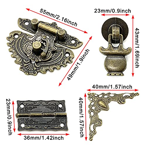Antique Lock Latch Hasp Hinges Drawer Handle Box Corner Protectors and Feet Legs Hardware Kit Decorative for Wooden Case Jewelry Box Chest Storage Drawer Cabinet DIY, with Screws
