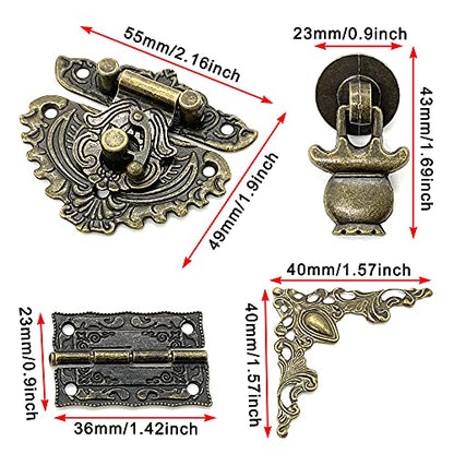 Antique Lock Latch Hasp Hinges Drawer Handle Box Corner Protectors and Feet Legs Hardware Kit Decorative for Wooden Case Jewelry Box Chest Storage Drawer Cabinet DIY, with Screws