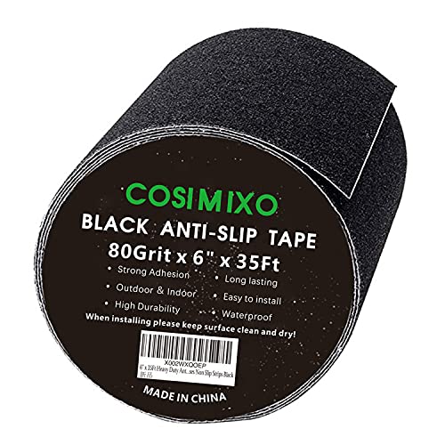 COSIMIXO 6" x 35Ft Heavy Duty Anti Slip Tape,Best 80grit Friction,Grip,Abrasive for Stairs Outdoor/Indoor,Skateboard Grip Tape Safety Non Skid Tread Staircases Anti-Slip Traction Tape Black - size: 6" x 35Ft Black