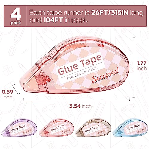 Secopad Scrapbook Tape, 4 Pack Double Sided Tape Roller for Crafts, Adhesive Glue Runner Scrapbooking Supplies Journaling School Office Teacher Supplies, 0.3IN x 26FT, Clear Light-Colored Shell