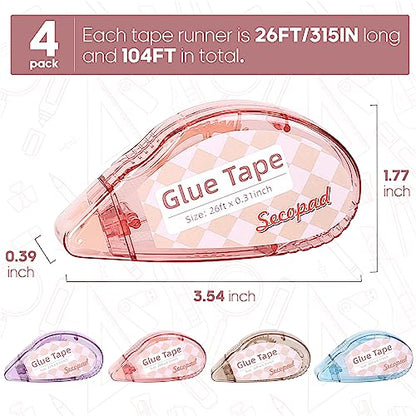 Secopad Scrapbook Tape, 4 Pack Double Sided Tape Roller for Crafts, Adhesive Glue Runner Scrapbooking Supplies Journaling School Office Teacher Supplies, 0.3IN x 26FT, Clear Light-Colored Shell