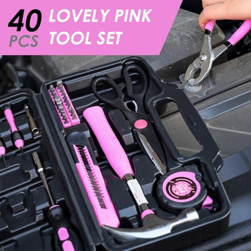 DOWELL 40 Pieces Home Tool Set Pink, General Household Hand Tool Kit with Plastic Toolbox Storage Case, Mini Repair Tool kit for Women, College Students, Home Use & More - color: Pink