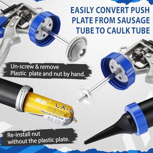Lasnten Sausage Caulk Gun Kit 600ml/20oz Heavy Duty Silicone Sausage Gun Thrust Ratio 25: 1no-drip Rotating Aluminum Tube Body and Caulking Tools, Sealant Grout Scraper for Kitchen Bathroom Sink Joint