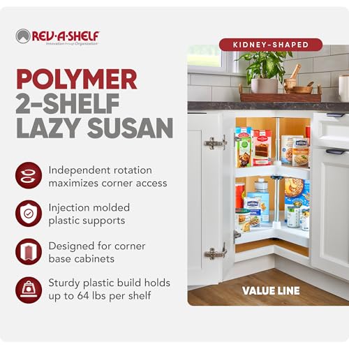 Rev-A-Shelf 2 Tier Kidney Cut Lazy Susan for Corner Base Cabinets, Plastic, 28" Double Shelf Swivel Kitchen Spice/Can Organizer, White, 3472-28-11-52 - size: 28 inch