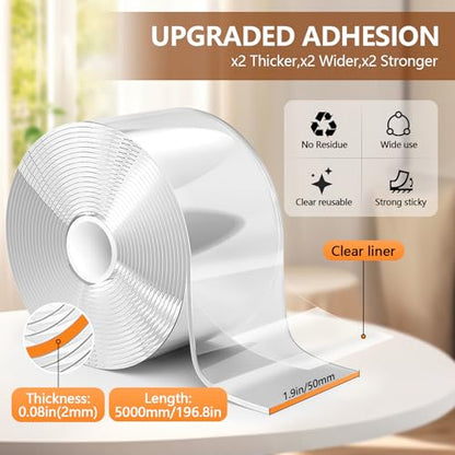 Strong Double Sided Tape Heavy Duty Widely, No Residue Clear Double Sided Mounting Tape,Two Sided Adhensive Nano Tape for Walls,Carpet,Posters,Dorm Room Essentials Teacher Must Haves - size: 1.97” x 16.4'