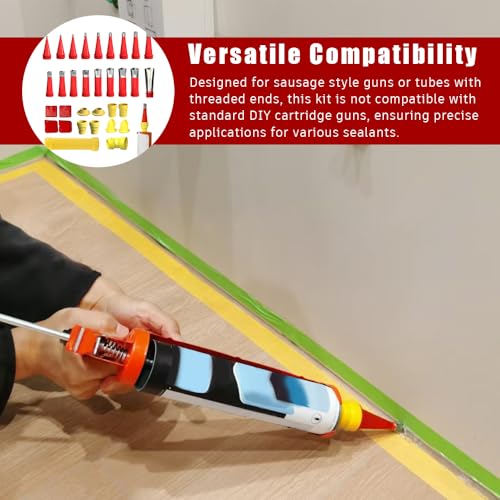 32PCS Stainless Steel Caulk Nozzle Kit - Universal Tips for Construction Adhesive, Silicone & Sealant | 18 Detachable Nozzles + 6 Bases + Angled Tips + Scrapers | Professional Sealant Gun Accessories