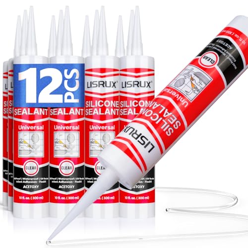 LISRUX Advanced Clear Silicone Caulk for Kitchen & Bathroom,10 fl oz Cartridge,12 Pack,100% Waterproof RTV Silicone Sealant,Stronger Adhesion,Shrink & Crack Proof - size: 12P, style: Clear