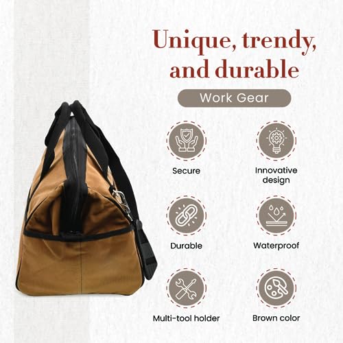 Style n Craft Mason's Tool Bag, Canvas Tool Storage Bag with Full-Grain Leather Bottom - style: 25 Pkt 20" Wide Mouth Tool Bag - Waterproof Canvas