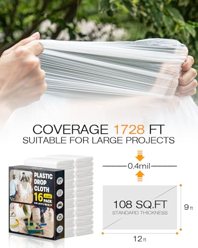 Plastic Drop Cloths for Painting, 9x12 Ft Extra Large Painting Supplies, Plastic Sheet Dust Cover for Furniture, Floor, Couch Protector (16-Pack) - size: 16 PCS 9x12 Ft