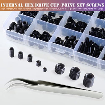 ZTF 530Pcs Metric Set Screw Assortment Kit, M3/4/5/6/8 Grub Screws Internal Hex Drive Set Screws for Bathroom Fixtures, Door Handles knobs, Towel Rack Screws Replacement, 12.9 Grade Alloy Steel - size: back-530pcs
