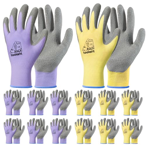 toolant Crinkle Latex Work Gloves Bulk, Rubber Coated Safety Work Gloves for Men and Women, 12 Pairs for Construction, Gardening, Warehouse (Purple & Yellow, X-Large) - color: Purple & Yellow, size: X-Large