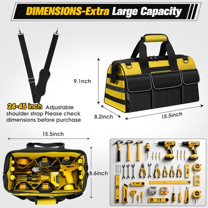 16-Inch Heavy Duty Tool Bag, 19-Pockets Tool Box Organizer, Portable Toolbag W/Soft Handle for Organized Storage, Mechanic Gifts for Men Dad Husband Fathers Day, Wide Mouth Electrician Toolbox, Yellow - style: Handle-Yellow