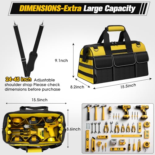 16-Inch Heavy Duty Tool Bag, 19-Pockets Tool Box Organizer, Portable Toolbag W/Soft Handle for Organized Storage, Mechanic Gifts for Men Dad Husband Fathers Day, Wide Mouth Electrician Toolbox, Yellow - style: Handle-Yellow