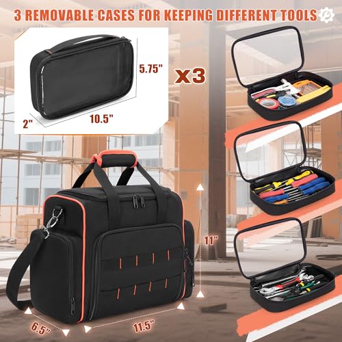 Marscamd Tool Bag with 3 Removable Cases, 2 Layers Tool Tote for Hand Tools, Black with Red Binding - color: Black with Red Binding