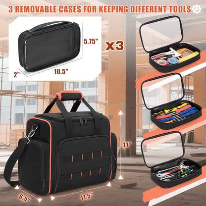 Marscamd Tool Bag with 3 Removable Cases, 2 Layers Tool Tote for Hand Tools, Black with Red Binding - color: Black with Red Binding