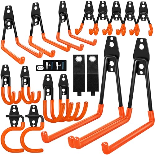 18 Pack Garage Hooks Heavy Duty - Anti-Slip Coating， Garage Storage Hooks for Hanging Bike，Ladder，Garden Tools，Hose - color: Orange, size: 18pack