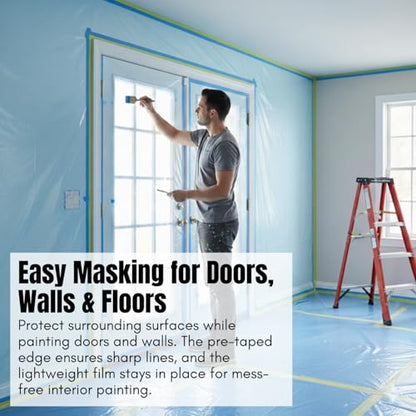 Pre-Taped Masking Film 35.4" x 66', Pack of 2 – Automotive Painters Plastic Sheeting with Built-In Tape – Overspray Protection for Auto Body, Home Painting & Renovation – Tear-Resistant Drop Cloth