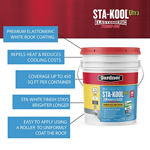 Gardner-Gibson Sta-Kool 15-Year Turbo-Dri Elastomeric Roof Coating, White, 5 Gal., Flexible White Acrylic Roof Coating, Reflective Finish Keeps Cool, Great for RV