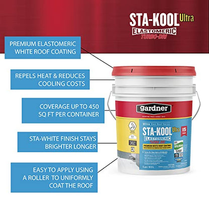 Gardner-Gibson Sta-Kool 15-Year Turbo-Dri Elastomeric Roof Coating, White, 5 Gal., Flexible White Acrylic Roof Coating, Reflective Finish Keeps Cool, Great for RV