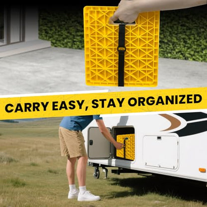 ROBLOCK Large RV Jack Stabilizer Pads,Sinking Resistant Stackable Camper Stabilizer Pads with Easy-Grip Handle and Handy Strap, Easy Storage & Organization, Yellow 4 Pack 14" x 12" - size: Yellow 14"x12"