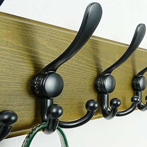 Dseap Coat Rack Wall Mount - Heavy-Duty Robust Barnwood-Style Wooden Wall Coat Hanger Hook Rail with 5 Triple Hooks for Winter Coats Hat Jacket Clothing, Weathered Green & Black, Pack of 2 - color: Weathered Green & Black, size: L=17.4"