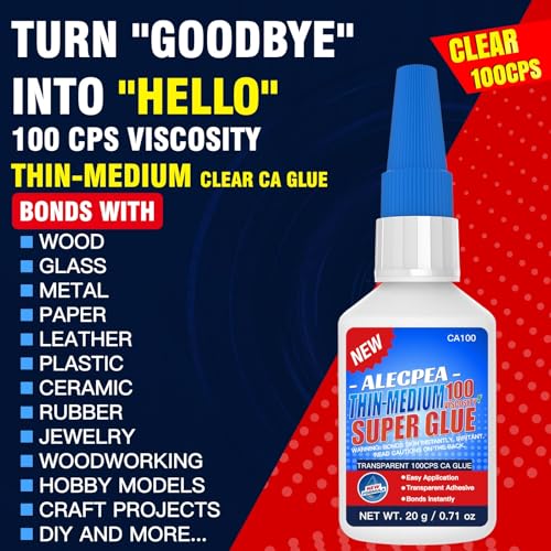 20g Thin-Medium CA Glue (100 CPS), Instant Clear Cyanoacrylate Glue for Wood, Glass, Metal, Paper, Leather, Plastic, Ceramic, Rubber, Jewelry, Woodworking, Hobby Models, and Craft Project - size: Clear/100CPS