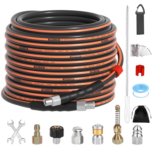 50FT Sewer Jetter Kit for Pressure Washer, 1/4" NPT Corner Drain Cleaner Hose 5800 PSI with Sewer Jetting Nozzles, Pearl Corsage Pin, Waterproof Tape, Extension Cord Organizer&2 Spanner - size: 50FT