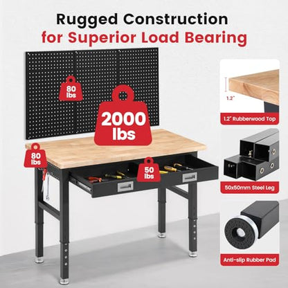 ENJOYWOOD 48" Adjustable Height Workbench with Drawers, Rubberwood Top, Pegboard & Power Outlets, Heavy Duty Work Table for Garage, Workshop & Home - size: XX-Small