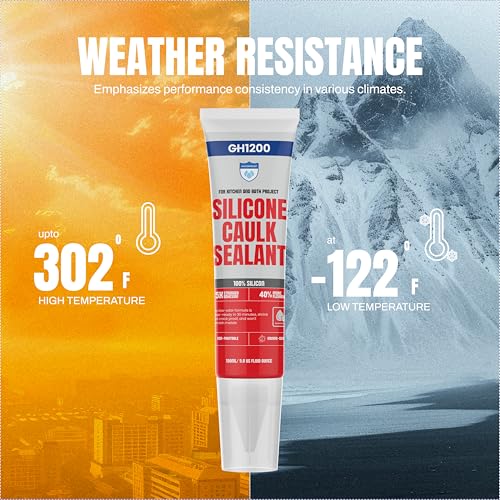 GH1200 White Silicone Sealant - 150 ML/5 FL Oz Waterproof Sealant for Kitchen & Bathroom - Shrink & Crack Proof Silicone Caulk - Indoor & Outdoor Use Sealant - Strong Formula Silicone Adhesive Tube