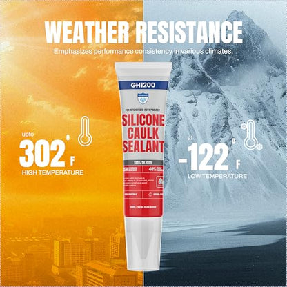 GH1200 White Silicone Sealant - 150 ML/5 FL Oz Waterproof Sealant for Kitchen & Bathroom - Shrink & Crack Proof Silicone Caulk - Indoor & Outdoor Use Sealant - Strong Formula Silicone Adhesive Tube