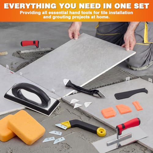 23 Pcs Tile & Grout Tool Sets, Silicone Caulking Remover Tools Stainless Steel Notch Trowel Molded Rubber Grout Float 6 Sponge Angled Tile Saw with 3 Blades for Floor Wall Installation