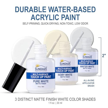 Sundaze Matte White Touch-Up Paint Pen Kit - Wall, Kitchen Cabinet, Furniture, Wood Door Touch Up - 3 Color Shades, Instantly Repair & Restore Scratches, Chips, Stains - Mix to Perfect Color Match