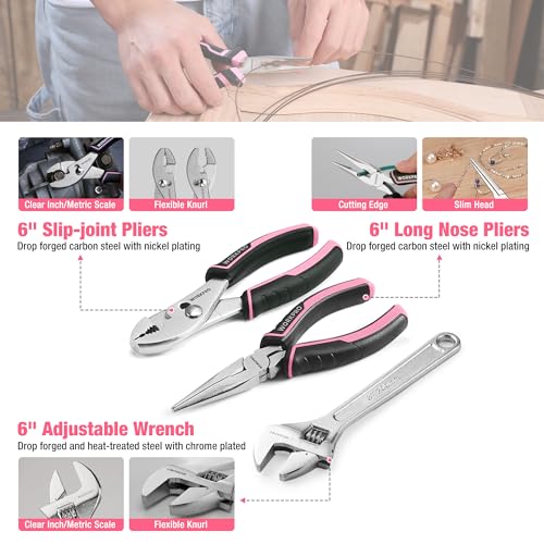 WORKPRO Pink Tool Set, 258 PCS Tool Kit for Women, Basic Household Case with Hammer, Screwdriver Set, Portable for Home Repair, New Apartment, House-Warming, DIY - Pink Ribbon